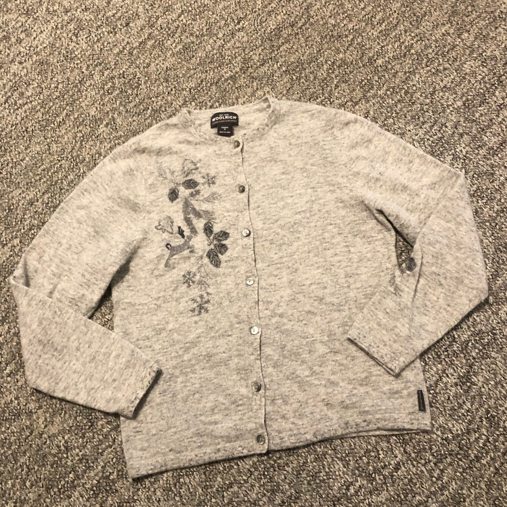 Woolrich Lambswool Cardigan Sweater Embroidered Buttons Front Gray Size …